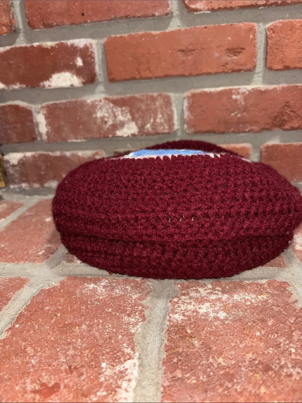 Handmade Boho Crochet Round Wristlet Bag in Burgundy with Blue & Cream Accent